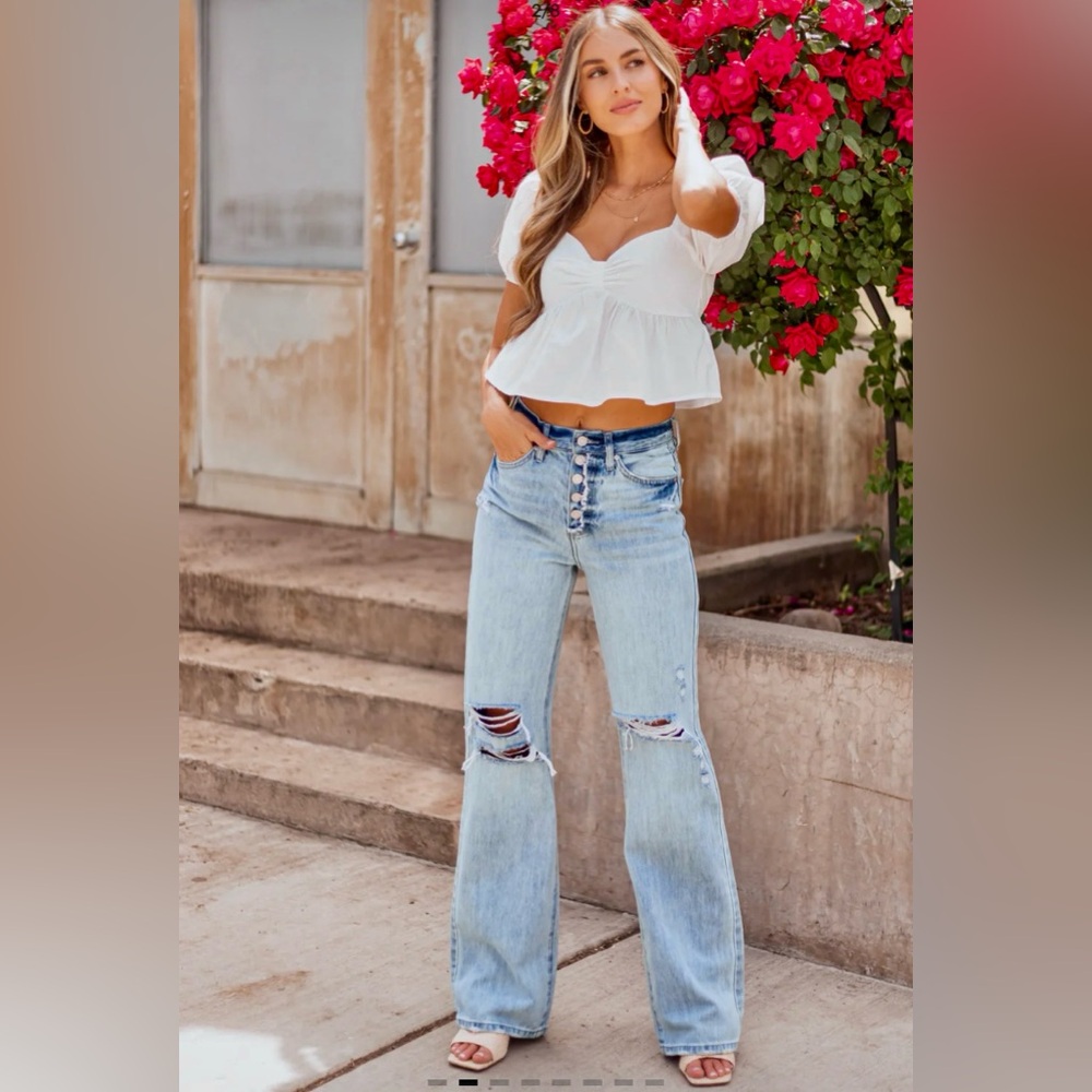 KanCan Light Blue High-Rise Flare Jeans with Knee Distress